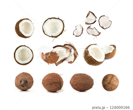 Whole and broken coconut, coco nuts set isolated, fresh tropical palm fruits with natural milk 128000166