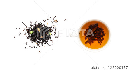 Flavored Black Tea Leaves Isolated, High Quality Black Tea Pile with Fruits and Flowers, Organic Indian Drink 128000177