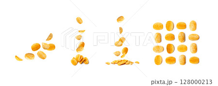 Potato chips falling isolated. Crispy thin flying potato snack, fast food snacks with spices 128000213