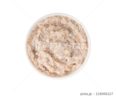 Cooked spelt in bowl. Oatmeal milk porridge, boiled emmer or spelt, healthy cereal food Cooked spelt in bowl. Oatmeal milk porridge, boiled emmer or spelt, healthy cereal food 128000227