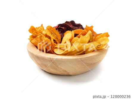 Parsnips, sweet potato, carrot and beetroot chips isolated, dry vegetable root mix, healthy snacks 128000236