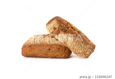 Whole wheat brown bread isolated, fitness pumpkin carrot buns with seeds, cereal bread 128000287