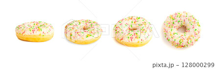 Doughnuts Isolated, Glazed Frosted Donuts with Colorful Sprinkles Doughnuts Isolated, Glazed Frosted Donuts with Colorful Sprinkles 128000299