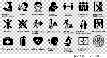 安全と衛生を守るピクトグラムセット、Safety and Hygiene Pictogram Set 安全と衛生を守るピクトグラムセット、Safety and Hygiene Pictogram Set 128000308