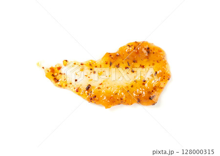 Orange jam with chili isolated, apricot chilli pepper marmalade smear, spicy fruit jelly fruity confiture 128000315