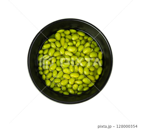 Edamame beans isolated. Green soy bean pile, cooked young soybean, boiled Japanese pea 128000354