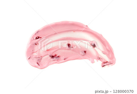 Yogurt smear isolated, white yoghurt with cherry jam splash, pink milk pudding splatter, dairy food 128000370