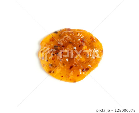Orange jam with chili isolated, apricot chilli pepper marmalade smear, spicy fruit jelly fruity confiture 128000378