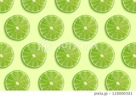 Sour key section or slice of lime pattern background. Little juicy green lemon collage 128000381