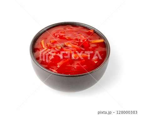 Tomato sauce with vegetables isolated, red sweet and sour pasta marinara sauce, mexican dip smear 128000383