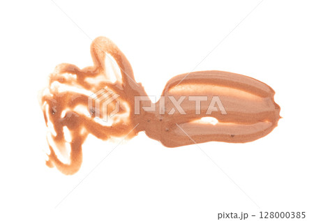 Melted chocolate ice cream isolated, real melting cocoa icecream drops, chocolate ice stain 128000385