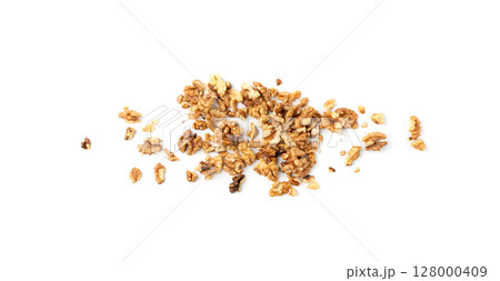 Chopped wallnut , broken roasted walnuts powder, heap of nuts crumbs, whole kernel pieces 128000409