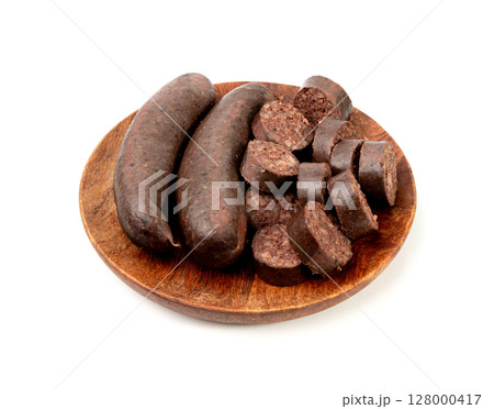 Black pudding isolated, blood sausage kaszanka, traditional Polish terrine, brawn sausages on white Black pudding isolated, blood sausage kaszanka, traditional Polish terrine, brawn sausages on white 128000417