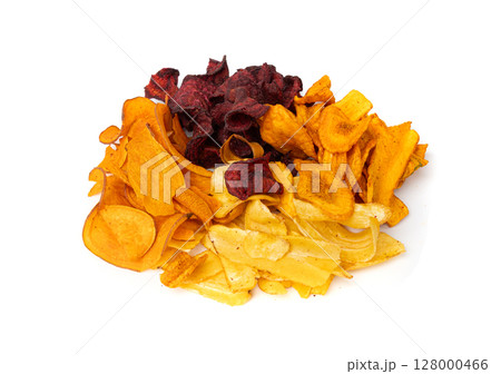 Parsnips, sweet potato, carrot and beetroot chips isolated, dry vegetable root mix, healthy snacks Parsnips, sweet potato, carrot and beetroot chips isolated, dry vegetable root mix, healthy snacks 128000466