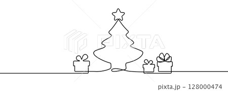 Continuous Line Christmas Tree Vector Icon, Happy Xmas Monoline Spruce, New Year Pines 128000474