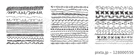 Hand drawn border lines. Doodle wave underline set, vintage squiggle ornament Hand drawn border lines. Doodle wave underline set, vintage squiggle ornament 128000550