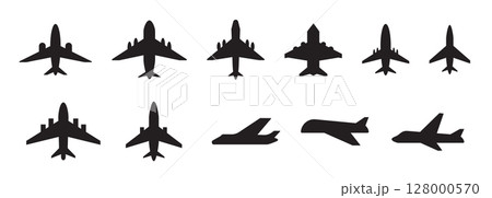 Plane vector icon, airplane silhouette. Airport simple symbol, black plane logo, airline Plane vector icon, airplane silhouette. Airport simple symbol, black plane logo, airline 128000570