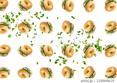 Bagel Pattern on White Background, Round Bread Bun Minimal Wallpaper with Copy Space 128000619