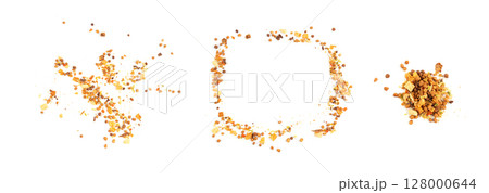 Dried vegetables mix with carrots, onion, parsnip and soy meat isolated. Dry food pieces for instant noodles Dried vegetables mix with carrots, onion, parsnip and soy meat isolated. Dry food pieces for instant noodles 128000644