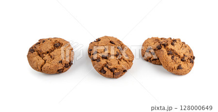 Chocolate chips cookies isolated, American biscuits, cocoa confectionery cake, sweet morsels bakery 128000649