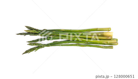 Cooked asparagus isolated. Roasted green vegetable for salad, baked asparagus bunch Cooked asparagus isolated. Roasted green vegetable for salad, baked asparagus bunch 128000651