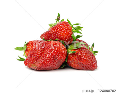 Fresh strawberry isolated, whole ripe straw berry, red juicy imperfect strawberri with green leaves Fresh strawberry isolated, whole ripe straw berry, red juicy imperfect strawberri with green leaves 128000702