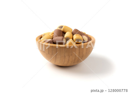 Filled dog biscuits, crackers isolated, soft crunchy pet treats pile, flavored small canine cookie Filled dog biscuits, crackers isolated, soft crunchy pet treats pile, flavored small canine cookie 128000778