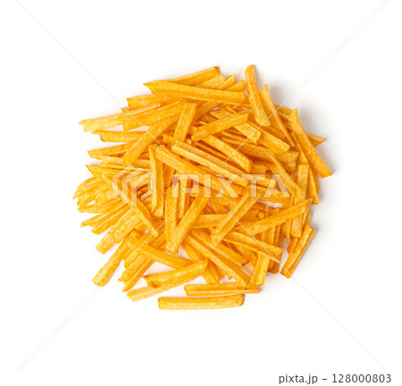 Fried chips sticks isolated, finger potato chips, golden shoestring fries pile, French fries Fried chips sticks isolated, finger potato chips, golden shoestring fries pile, French fries 128000803
