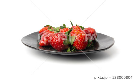 Fresh strawberry isolated, whole ripe straw berry, red juicy imperfect strawberri with green leaves 128000804