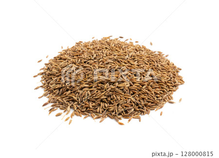 Cumin seed isolated. Caraway or fennel dry seeds close up, zeera macro, Indian cumin or zira grains Cumin seed isolated. Caraway or fennel dry seeds close up, zeera macro, Indian cumin or zira grains 128000815