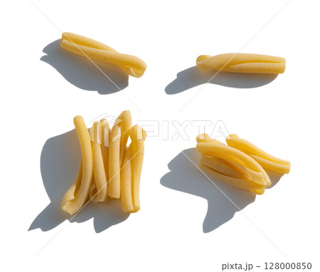 Casarecce pasta isolated, dry traditional macaroni, raw casarecce, wheat noodles, Italy cuisine 128000850