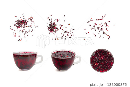 Dry Hibiscus Tea Isolated, Dry Rose Petals, Fruit Red Tea, Karkade Leaves, Dried Herbal Drink, Roselle Petal Dry Hibiscus Tea Isolated, Dry Rose Petals, Fruit Red Tea, Karkade Leaves, Dried Herbal Drink, Roselle Petal 128000876