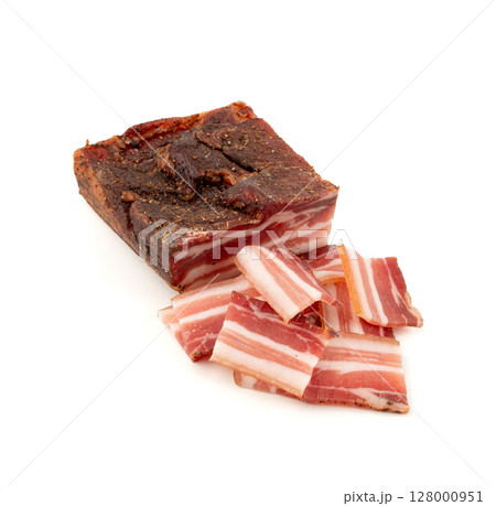 Cured carbonara pork isolated, raw smoked bacon, streaky brisket on white background 128000951