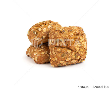 Pumpkin seeds bread isolated, breakfast roll with pepita seeds. Fitness square bun, healthy burger 128001100