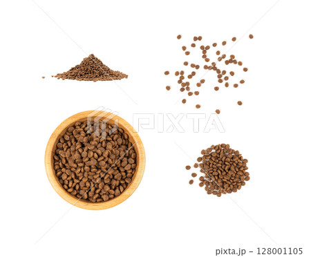 Dry pet food, dog kibble pile, puppy pellets, small canine protein croquette meal, animal food Dry pet food, dog kibble pile, puppy pellets, small canine protein croquette meal, animal food 128001105