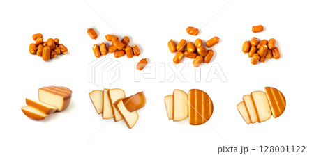 Smoked Round Cheese Isolated, Camel Milk Cheese, Mountain Snack, Sheep Milk Product on White 128001122
