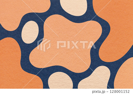 Abstract coral, peach and blue background with amorphous shapes and spots, paper texture in flat organic design 128001152