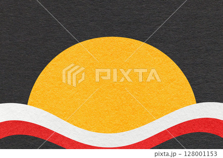 Black textured paper background with yellow circle for copy space and white, red waves for banner, presentation 128001153