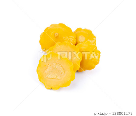 Marinated patty pan isolated, pickled pattypan squash, salted yellow patisson, fermented scallop Marinated patty pan isolated, pickled pattypan squash, salted yellow patisson, fermented scallop 128001175