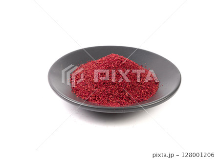 Sumac Powder Isolated, Red Sumach Ground Seasoning, Dry Sumak, Crushed Typhina Seeds 128001206