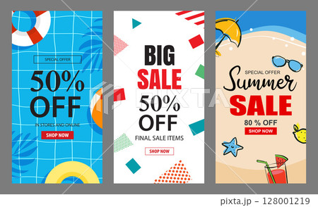 Summer sale poster banner templates for advertising. Set of big sale flyers with tropical and beach elements. 128001219