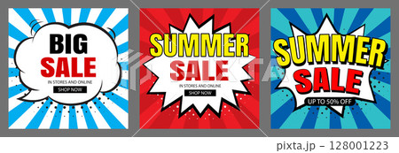 Summer sale banner templates for social media advertising. Set of big sale flyers with tropical and beach elements. 128001223