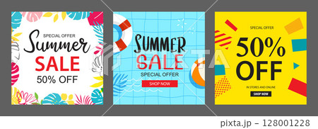 Summer sale banner templates for social media advertising. Set of sale banner with tropical and beach elements. Summer sale banner templates for social media advertising. Set of sale banner with tropical and beach elements. 128001228