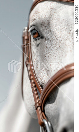 Close up of white horse with brown bridle, focus on eye and soft speckled coat 128001550