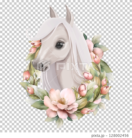 White horse surrounded by pink and flowers and green leaves, cute animal illustration 128002456