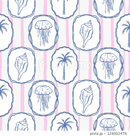 Tropical nautical pattern, summer Italy vacation mood. Retro palm trees, sardines, jellyfish in the frames. Mediterranean wallpaper, cute hand drawn design, textile, blue background Tropical nautical pattern, summer Italy vacation mood. Retro palm trees, sardines, jellyfish in the frames. Mediterranean wallpaper, cute hand drawn design, textile, blue background 128002476