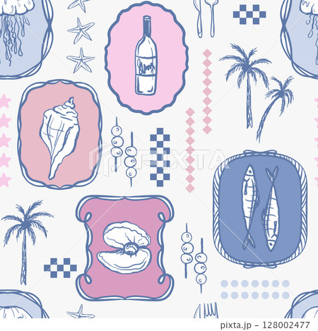 Tropical seafood pattern, summer Italy vacation mood. Retro palm trees, sardines, wine in the frames. Mediterranean wallpaper, cute hand drawn design, textile, background, paper patch Tropical seafood pattern, summer Italy vacation mood. Retro palm trees, sardines, wine in the frames. Mediterranean wallpaper, cute hand drawn design, textile, background, paper patch 128002477
