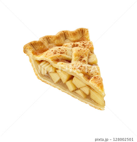 Delicious golden apple pie slice with a classic lattice crust and sweet fruit filling 128002501