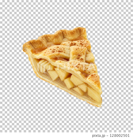 Delicious golden apple pie slice with a classic lattice crust and sweet fruit filling 128002501