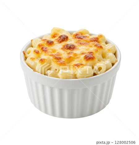 Delicious baked macaroni and cheese in a white ceramic ramekin bowl with a golden crispy crust 128002506